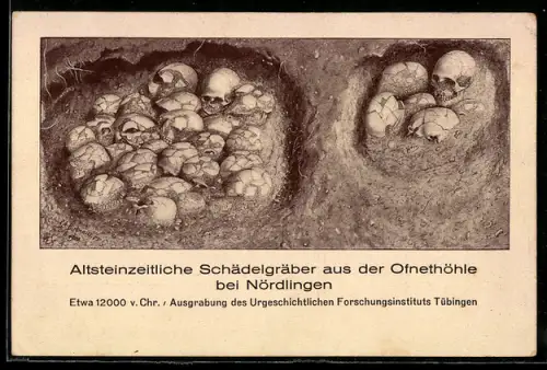 Künstler-AK Nördlingen, Altsteinzeitliche Schädelgräber aus der Ofnethöhle