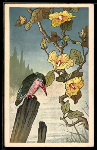 Künstler-AK Bunter Vogel mit Blütenzweig am Ufer sitzend