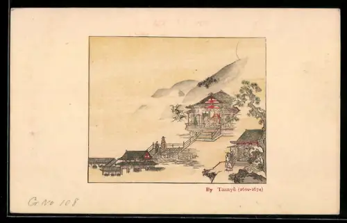 Künstler-AK Häuser mit Bergen im Hintergrund