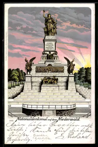 Lithographie Niederwald, Nationaldenkmal im Abendrot