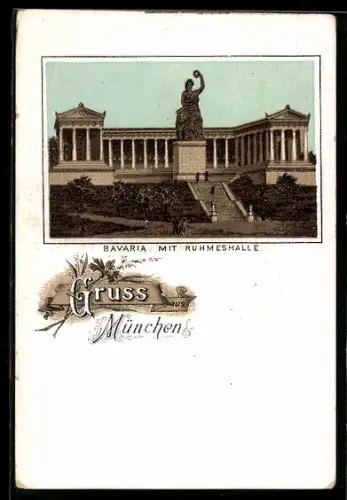 Lithographie München, Bavaria mit Ruhmeshalle