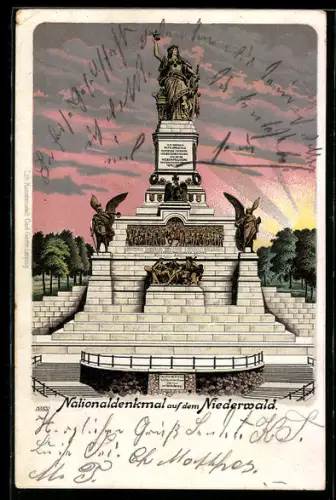 Lithographie Niederwald, Nationaldenkmal im Abendrot