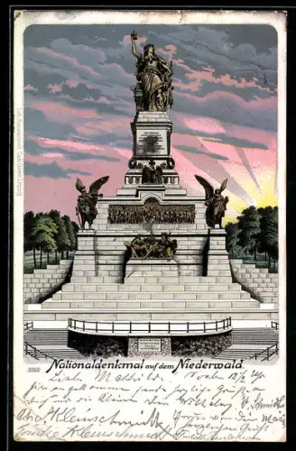 Lithographie Niederwald, Nationaldenkmal im Abendrot