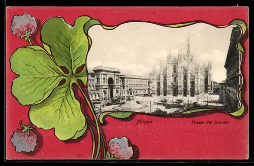 AK Milano, Piazza del Duomo, Kleeblatt im Passepartout