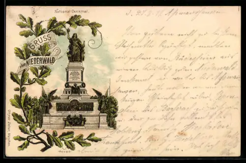 Lithographie Niederwald, National-Denkmal mit Eichenblättern im Passepartout