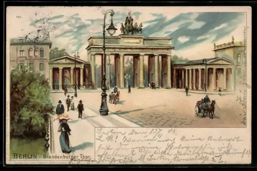 Lithographie Berlin, Passanten am Brandenburger Tor