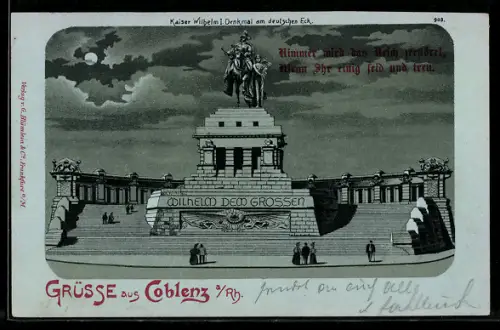 Mondschein-Lithographie Coblenz a / Rh., Kaiser Wilhelm I. Denkmal am deutschen Eck