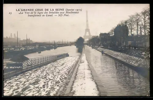 AK Paris, La Grande Crue de la Seine 1910, La Vote de la ligne des Invalides aux Moulineaux transformée en Canal