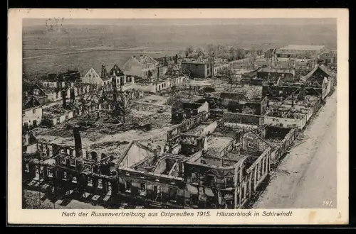AK Schirwindt, Zerstörte Gebäude 1915 aus der Vogelschau
