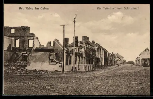 AK Schirwindt, Strassenzug mit zerstörten Wohngebäuden nach dem Kämpfen 1914