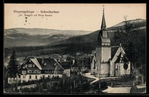 AK Schreiberhau /Riesengebirge, Evangelische Kapelle mit Haus Sunem