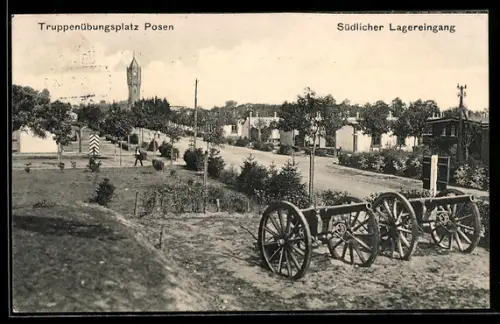 AK Posen, Südlicher Lagereingang mit zwei Feldkanonen