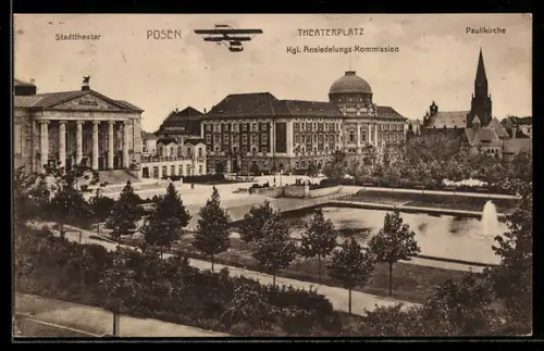 AK Posen, Theater mit Kgl. Ansiedlungs-Kommission und Stadttheater, Doppeldecker im Überfluge, Paulikirche