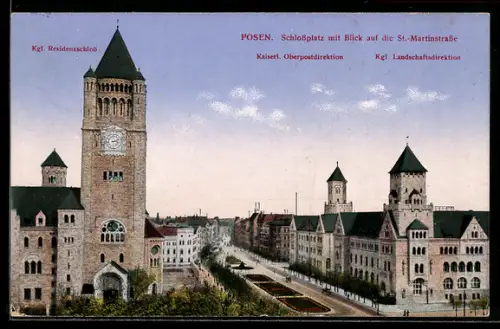 AK Posen, Schlossplatz mit Blick auf die St.-Martinstrasse, Kaiserl. Oberpostdirektion, Resiedenzschloss