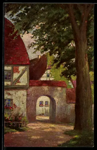 Ölgemälde-Imitations-AK Degi Nr. 1125: Aus der Heimat, Torbogen am Haus, W. Hoy