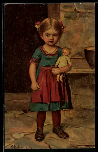 Künstler-AK Degi Nr.704: Die kleine Liesl - Mädchen mit ihrer Spielzeugpuppe im Arm