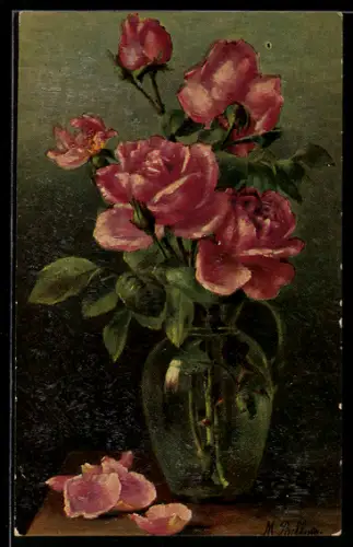 Künstler-AK M. Billing: Vase mit Rosen in voller Blüte