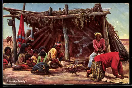 AK Navajo Indianerfamilie sitzt gemeinsam vor ihrer Hütte