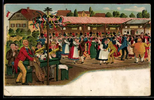 AK Volksfest mit Tanz, Blasmusik und Kontrabass