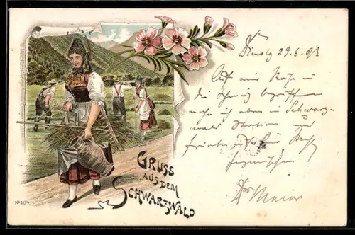 Lithographie Schwarzwald, Feldarbeiter in Schwarzwälder Tracht
