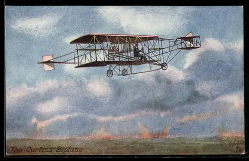 AK Flugzeug Doppeldecker Curtiss im Flug