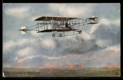 AK Flugzeug Doppeldecker Curtiss im Flug
