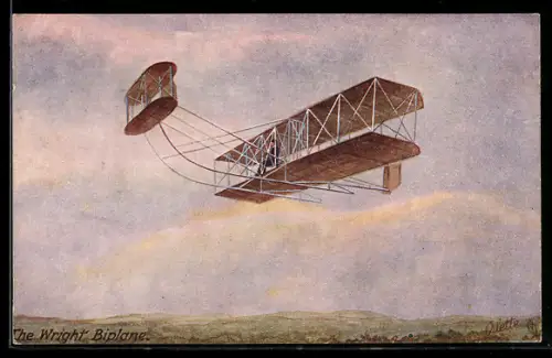 Künstler-AK Doppeldecker-Flugzeug von Wright