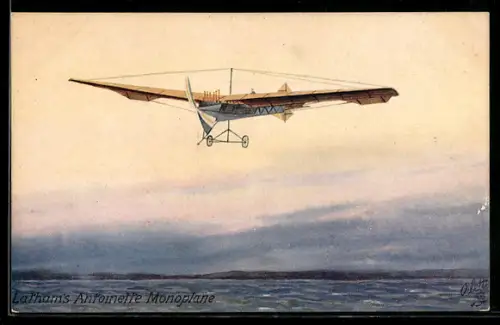 AK Latham`s Antoinette Monoplane, Flugzeug über dem Meer