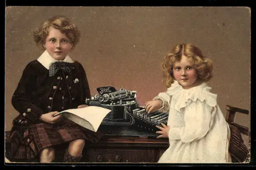 Lithographie Kinder mit einer Yost-Schreibmaschine