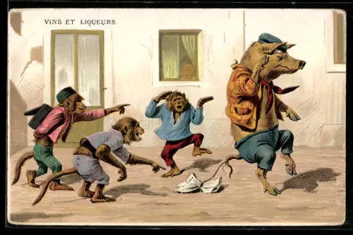 Künstler-AK Affen lachen ein Schwein aus