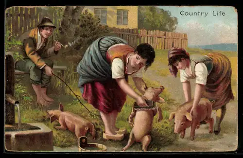 Lithographie Mägde waschen Schweine