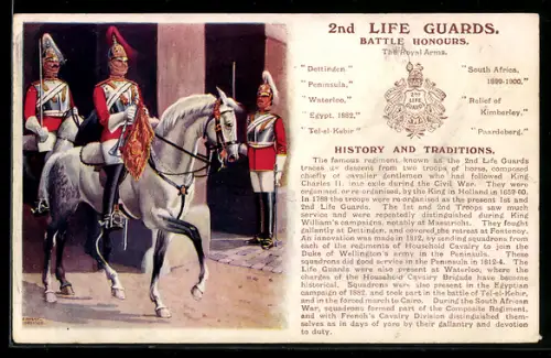 Künstler-AK 2nd Life Guards, britische Gardesoldaten mit Paradebusch, Battle Honours