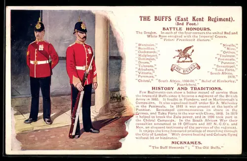 AK The Buffs East Kent Regiment, Battle Honours, Britische Soldaten in Uniformen mit Pickelhauben
