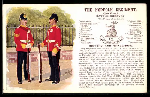 Künstler-AK The Norfolk Regiment 9th Foot., britische Soldaten in Uniformen, Battle Honours