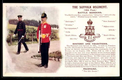 Künstler-AK The Suffolk Regiment, 12th Foot., Battle Honours, britischer Soldat in Uniform