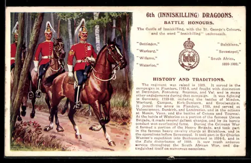 Künstler-AK 6th Inniskilling Dragoons, britische Dragoner Patrouille, Historie und siegreiche Schlachten