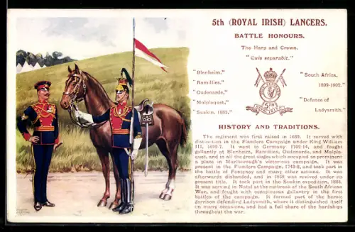 Künstler-AK 5th Royal Irish Lancers, Soldat in Uniform nebst Pferd
