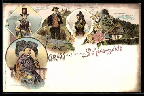 Lithographie Gutachtal /Schwarzwald, Damen in Schwarzwälder Tracht, Bauernhaus im Gutachtal