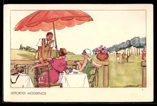 Künstler-AK Deportes Modernos, Golfspielerinnen sitzen in einem Cafe am Golfplatz
