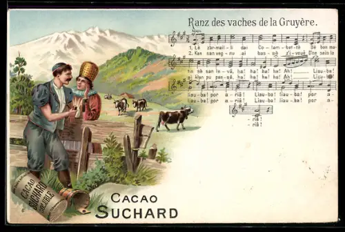 Lithographie Cacao Suchard, Lied Ranz des vaches de la Gruyere, Paar auf einer Weide