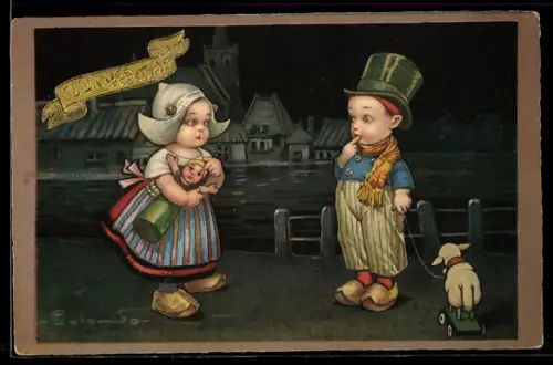 Künstler-AK E.Colombo: zwei Kinder in Holzschuhen beim nächtlichen Spaziergang