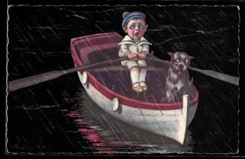 Künstler-AK E. Colombo: Kleiner Junge und Hund nachts im Ruderboot im Regen