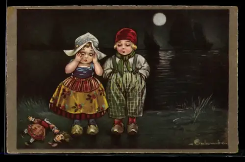 Künstler-AK E. Colombo: Der erste Schmerz, Kleine Holländerin trauert über ihre zerbrochene Puppe