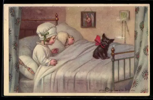 Künstler-AK E. Colombo: Junge und Mädchen im Bett, kleiner Hund mit roter Schleife