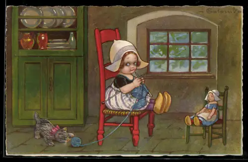 Künstler-AK E. Colombo: Niederländisches Mädchen strickt Socken, Katze spielt mit Wollknäuel
