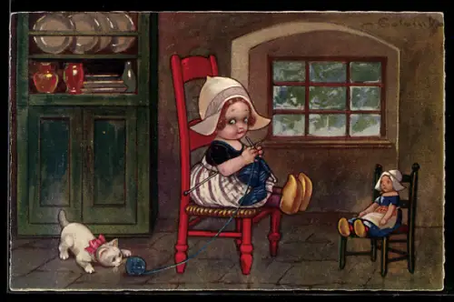 Künstler-AK E. Colombo: Niederländisches Mädchen strickt Socken, Katze spielt mit Wollknäuel