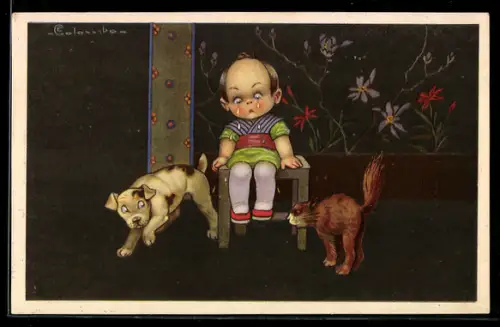 Künstler-AK E. Colombo: Katze und Hund belauern sich, dazwischen ein weinendes Kind