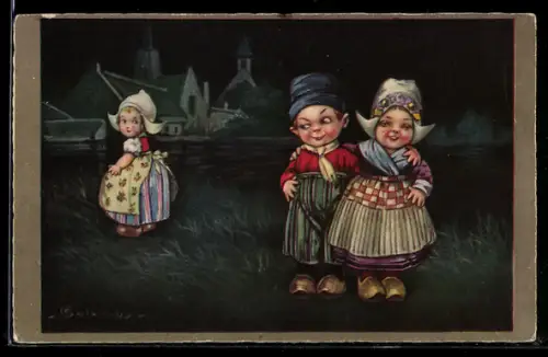 Künstler-AK E. Colombo: Kleiner Holländer wirft ein Auge auf eine andere Frau