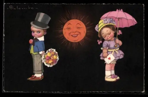 Künstler-AK E. Colombo: Junge im Anzug und Zylinder mit Blumenstrauss, kleines Mädchen mit Schirm und Liebesbrief