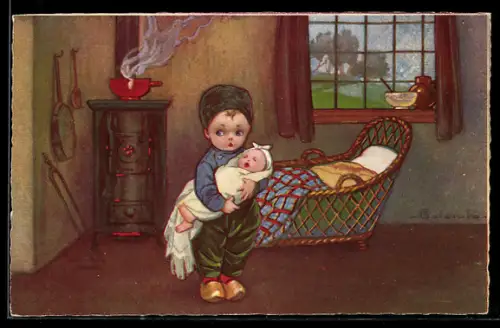 Künstler-AK E.Colombo: Junge hält Baby im Arm